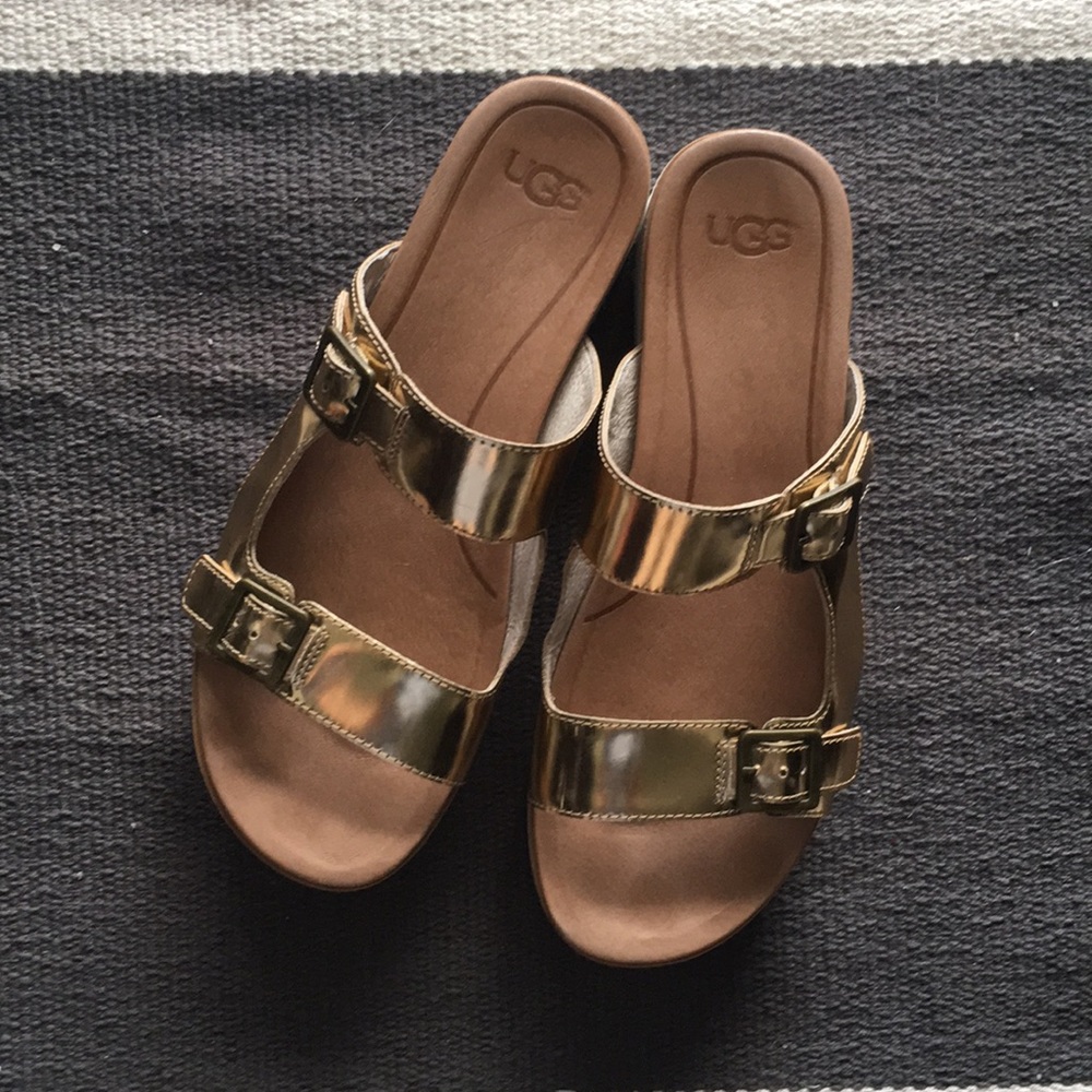 UGG Metallic Gold Double Buckle Slide Sandals 9